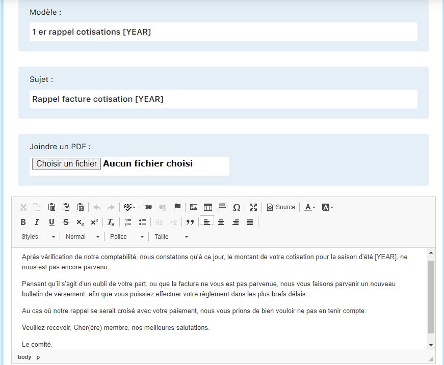 Rappels email - configuration