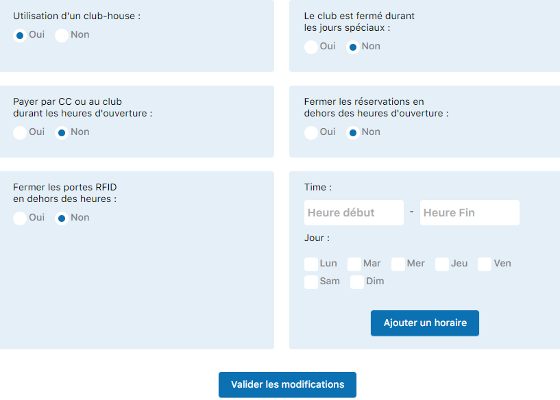 Panneau de configuration du Club-House