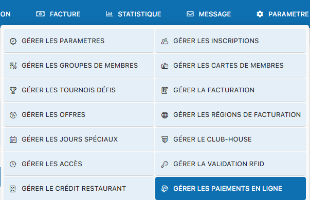 Accès au menu paiements en ligne