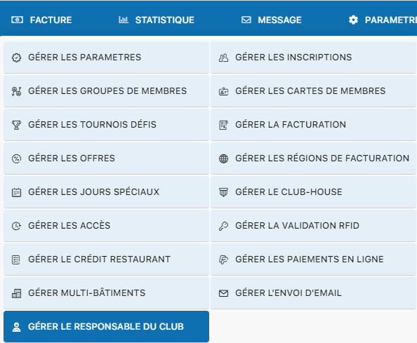 Accès au menu responsable du club