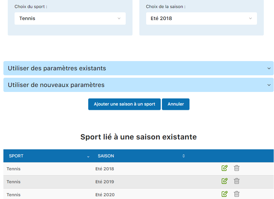 Interface de paramètres de saison
