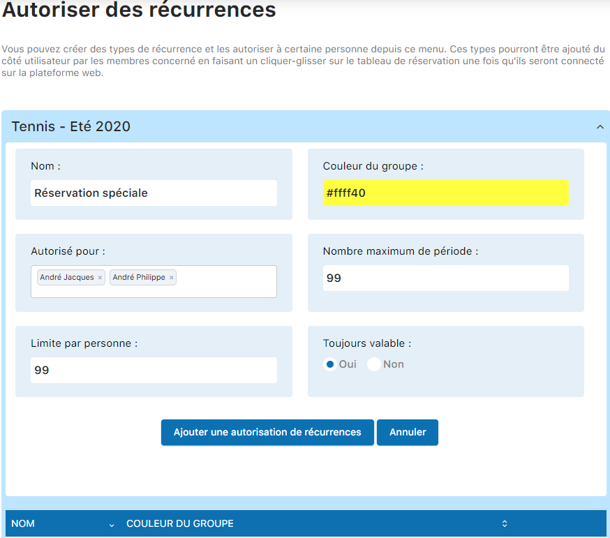 Interface d'ajout de récurrence