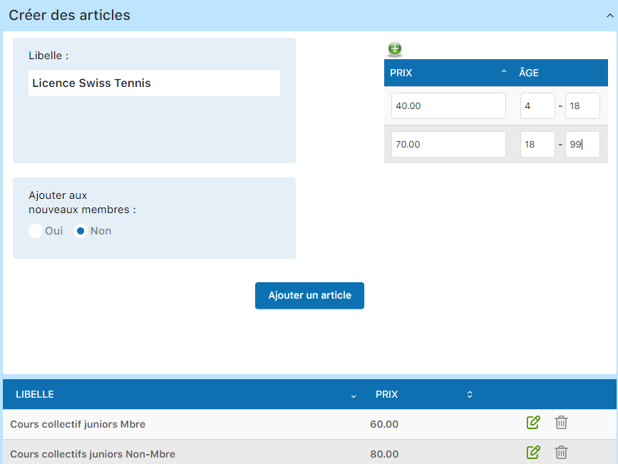 Formulaire de création d'article avec champs de tarification