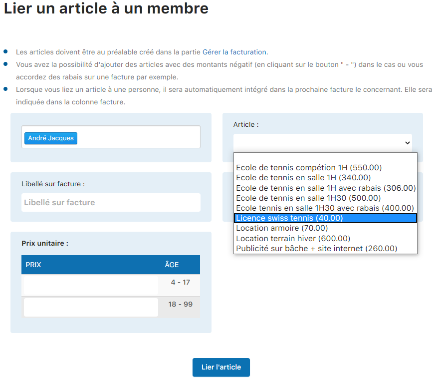 Selezione del membro e dell'articolo