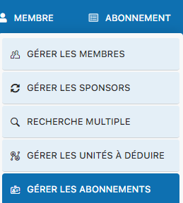 Menu pour gérer les abonnements