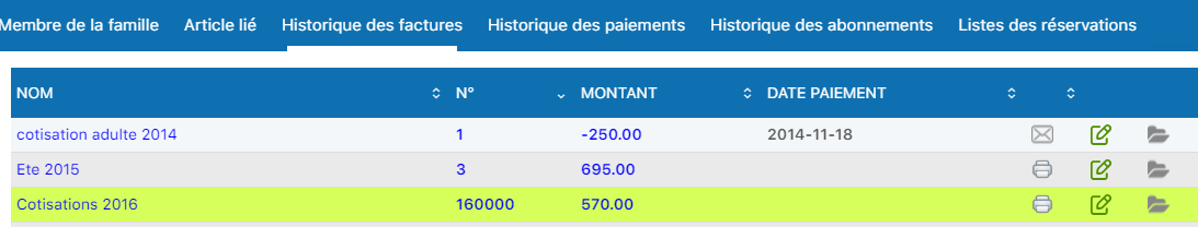 Onglet Historique des factures