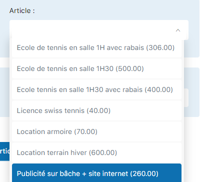 Sélection de l'article - liste déroulante 1