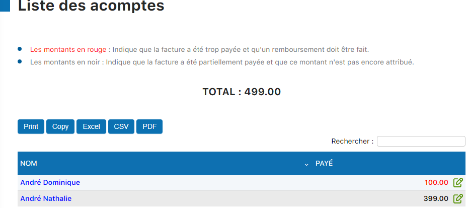 Liste des acomptes à traiter